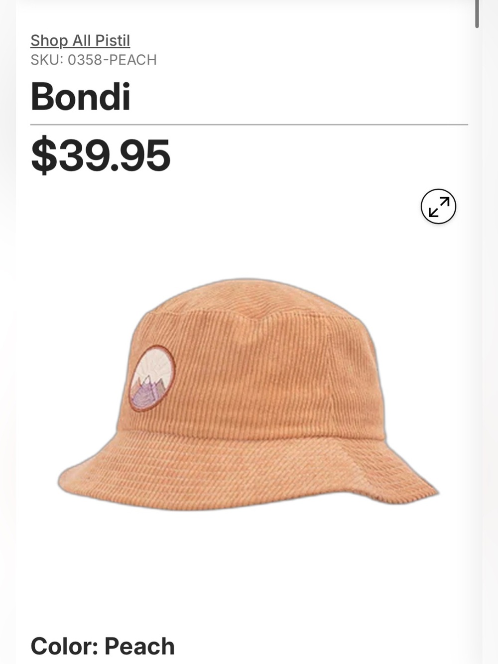 pistil Bondi Corduroy Bucket Hat with Mountain Patch in Peach